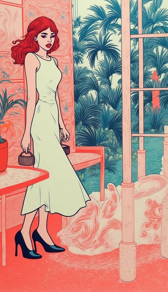 risograph, beautiful woman in a stylish dress