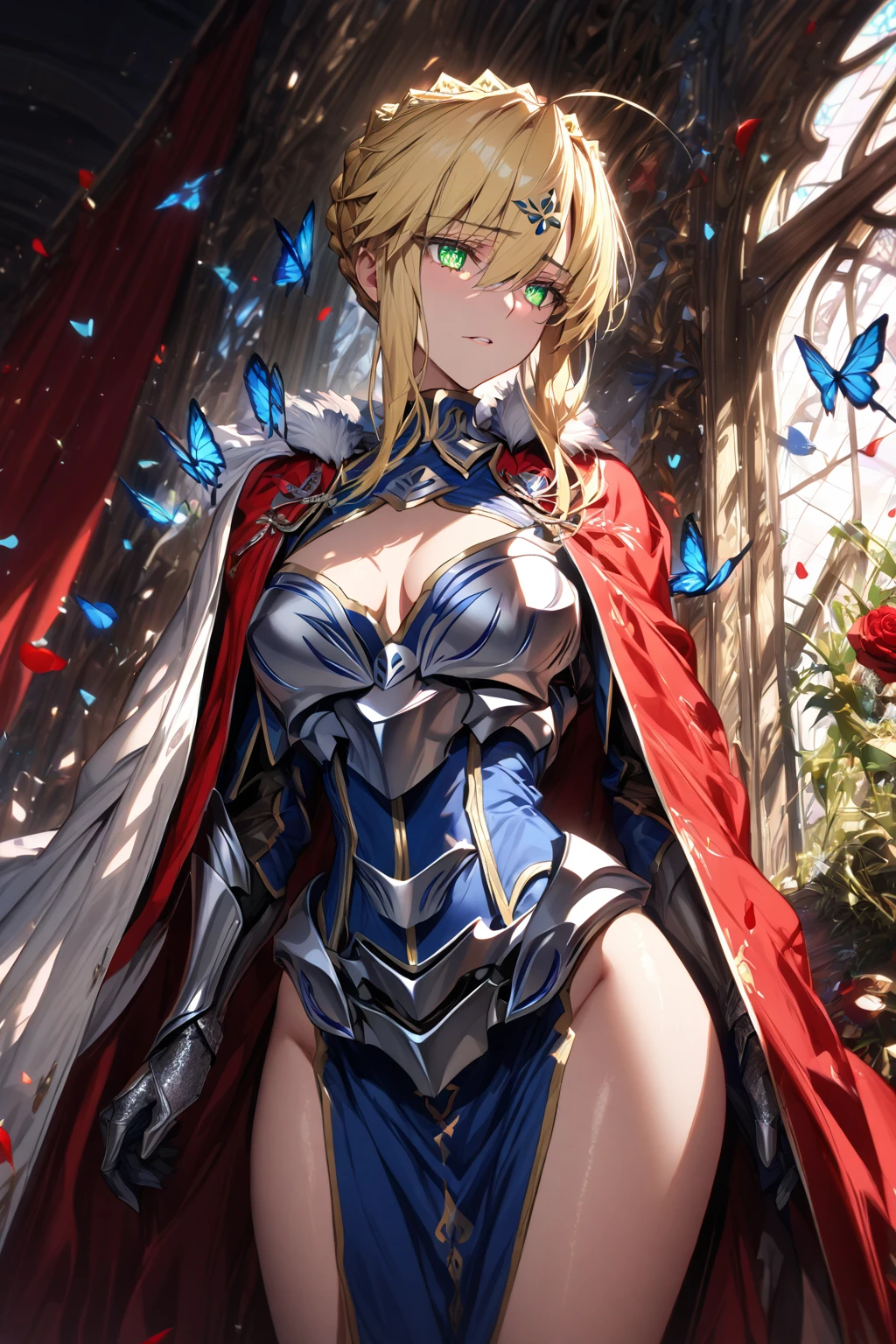 absurdres, highres, ultra detailed, HDR, master piece, Artoria Pendragon, blonde hair, expressive green eyes, woman, best quality, Fate Grand Order, solo, sensual, extremely beautiful, petals, blue clothes, white cape with fur, detailed face, glittering eyes, detailed eyes, window, red roses, silver armor, blue butterflies, silver gloves