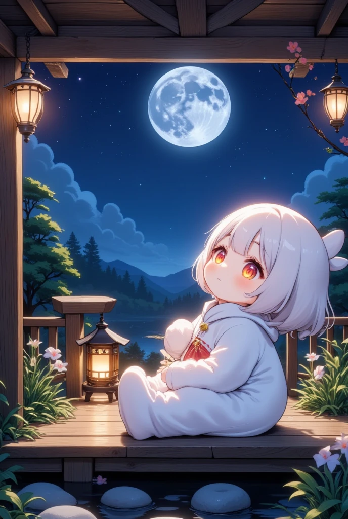 masterpiece, best quality, 8k, highres, ultra-detailed,HDR, UHD, studio lighting, ultra-fine painting, sharp focus, physically-based rendering, extreme detail description, professional, vivid colors、Japanese Garden、Chibi、Life-sized Tsukimi Dango mascot costume、girl、Rear view、Sit on the porch and look up at the moon、Wide-range shot、Night Sky、Moonlight