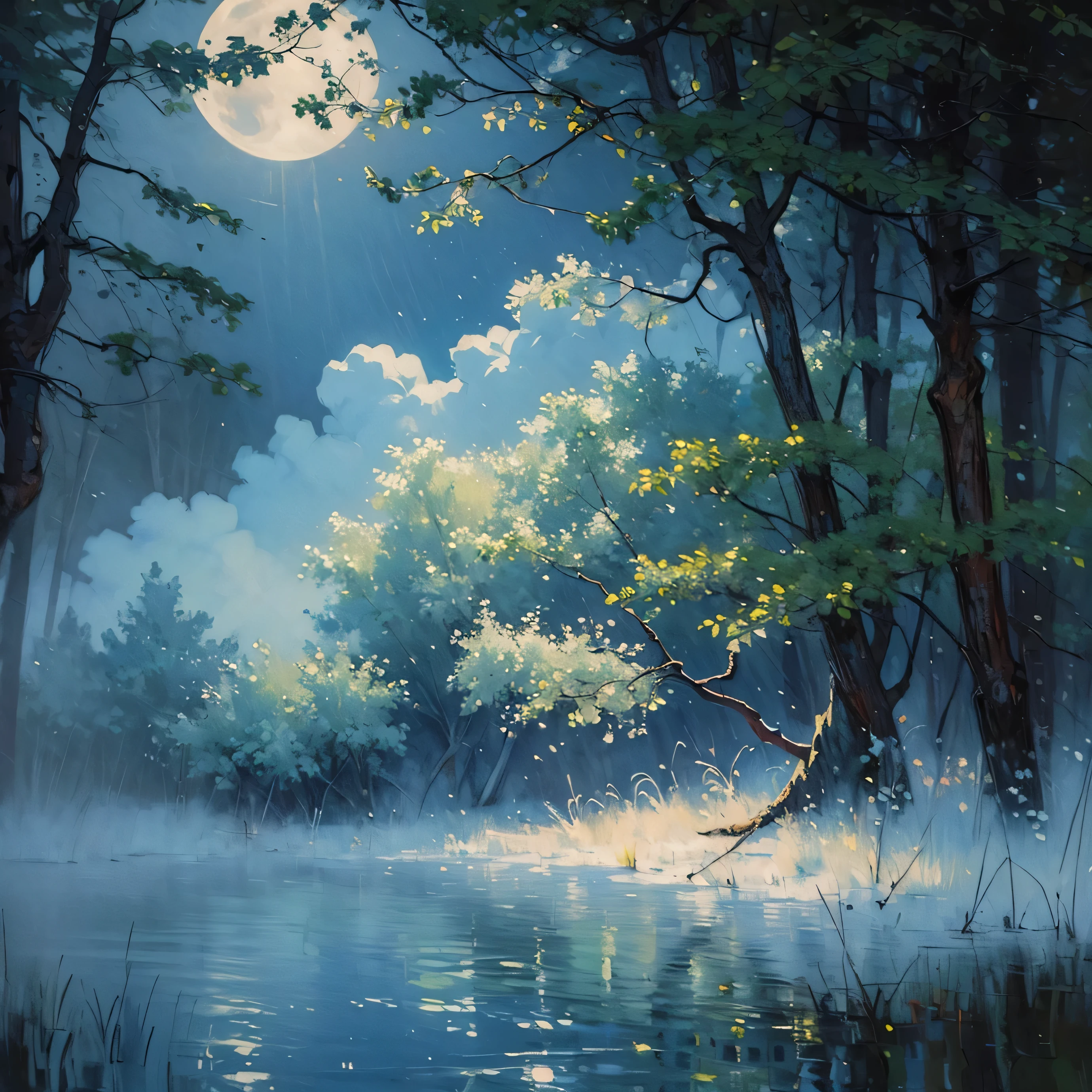 Painting of a river with a full moon in the background - SeaArt AI