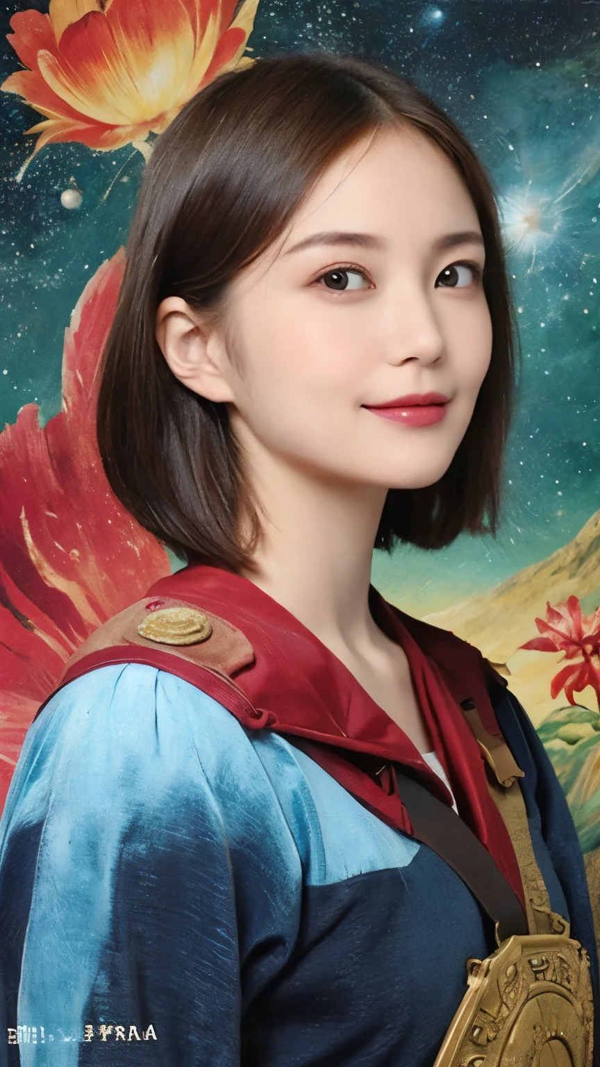 293 (20-year-old woman,short hair), (A kind smile), ((宇宙海賊captain,captain)), (colorful), (Leonardo da Vinci paintings), flower, Futuristic space pirate ship, nebula