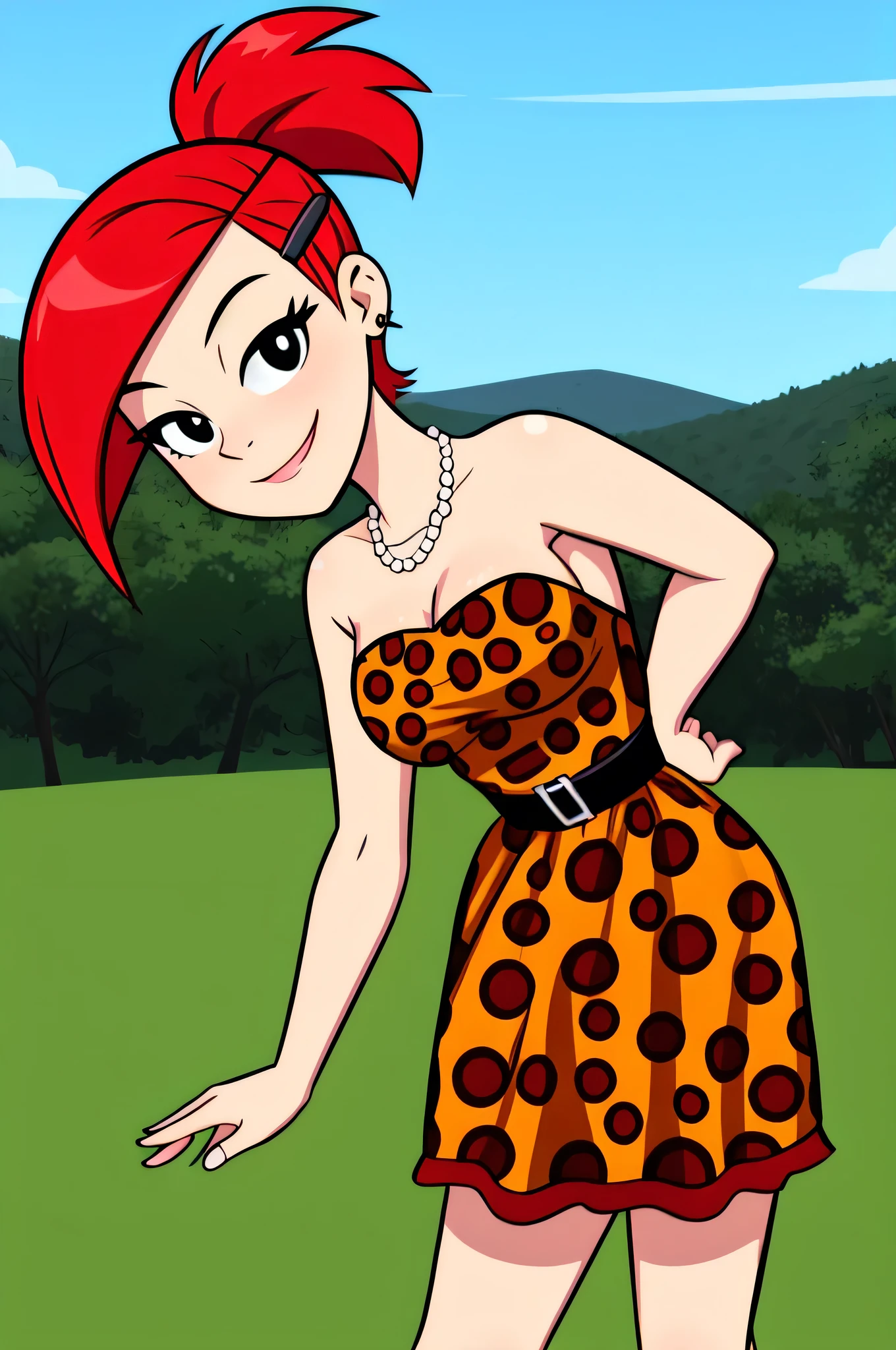 frankie foster, FostersStyle, (black pupils), red hair, black eyes, a short dress, a strapless leopard print short dress, a pearl necklace, sexy posing, hair clip, standing, medium breasts, ponytail, seductive smile, cowboy shot, outdoors, 1girl, solo