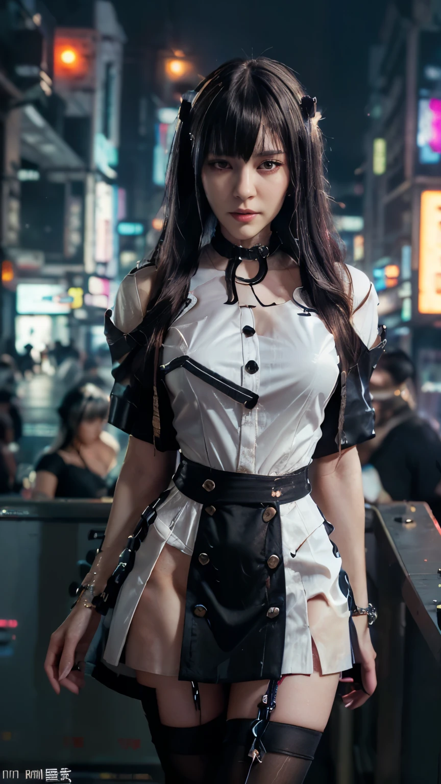 A beautiful 3 Thai-Vietnamese girl with a beautiful figure and beautiful curves. ((Wearing a school uniform, a short-sleeved shirt with buttons or a white shirt, a black, form-fitting miniskirt: 1.4)), ((Cyberpunk style dress: 1.5)), Romantic, long black lace stockings, a belt ((Taking the BTS in the city at night)) The moonlight shines through the window to her at night, transparent, translucent, cyberpunk atmosphere, sexy, cute ((Almost full-body portrait)), ((Cyberpunk style dress, coat, hairstyle and accessories: 1.3)), ((Black, form-fitting miniskirt: 1.2)), Taken with world-class lighting and photographer, The most detailed, The best focus.