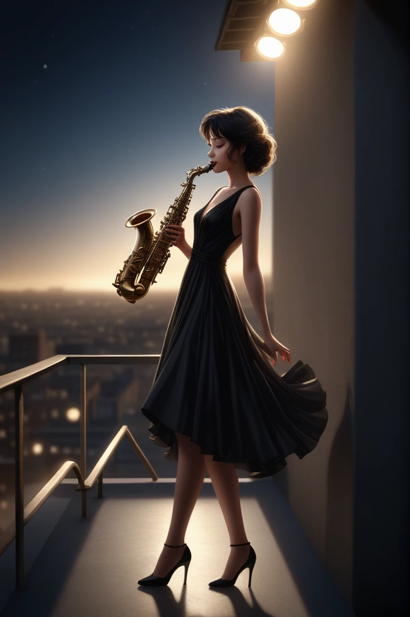 Wide-angle photography, 1 girl, Standing on the roof of a building, Alone, Vintage Hairstyles, Black Hair, dress, Sleeveless, black dress, High heels, Sleeveless dress, musical instrument, ((1. Have an alto saxophone.3)), Real Hands, night, star, The wind,
 (masterpiece:1.2), (Best Quality:1.2), Super detailed, Best Shadow, Detailed Background, High contrast, (Best lighting, Very delicate and beautiful), ((Cinematic Light)), Hyper Detail, Dramatic light, Intricate details, 8k, so beautiful, ((Realistic)),