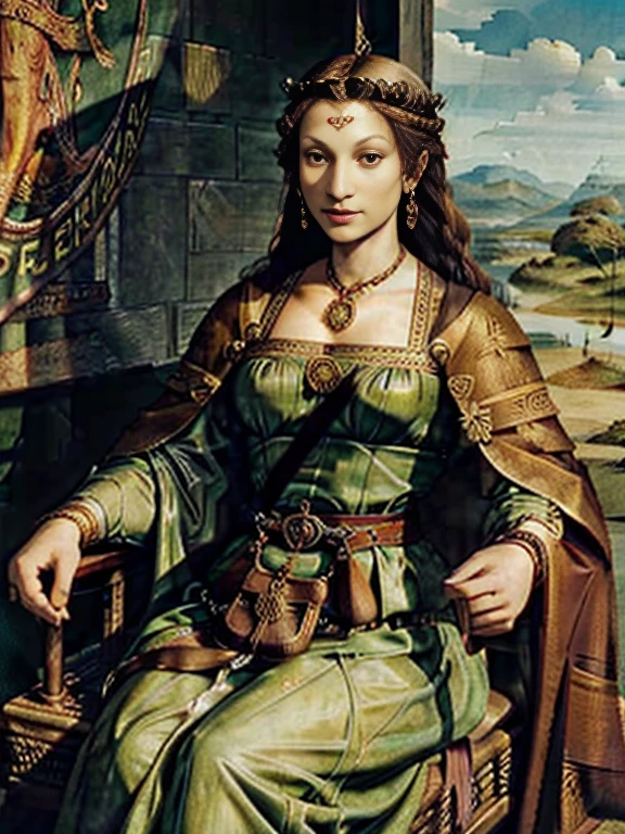 Unpublished paintings by Leonardo da Vinci、Realistic depiction、Detailed description、The background is a battlefield。The model isＢＣIt actually existed in 300、Boudica。She is an intelligent woman with very broad shoulders.、Tall、She had a very beautiful and brave face.。/(Red hair down to her waist、shortage々A sharp voice and a sharp gaze。A painting of a Celtic warrior charging in a chariot/)。For decoration, she always wears a torque and a gold necklace around her neck.、He wore a thick cloak fastened with a colorful tunic brooch.。The decorations were also luxurious, including jewels.。Queen of the Celtic Iceni tribe、Tormenting the Roman Empire。「Battle Queen」を意味したBoudica、((( Boadicea )))