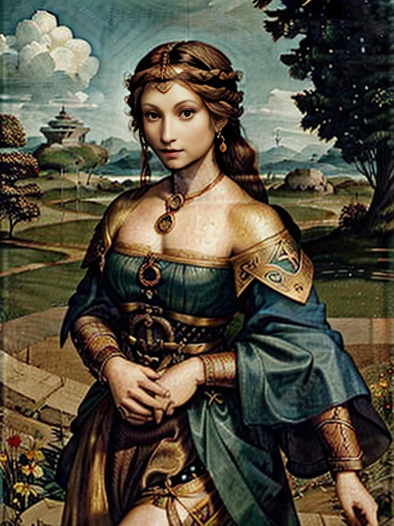 Unpublished paintings by Leonardo da Vinci、Realistic depiction、Detailed description、The background is a battlefield。The model isＢＣIt actually existed in 300、Boudica。She is an intelligent woman with very broad shoulders.、Tall、She had a very beautiful and brave face.。/(Red hair down to her waist、shortage々A sharp voice and a sharp gaze。A painting of a Celtic warrior charging in a chariot/)。For decoration, she always wears a torque and a gold necklace around her neck.、He wore a thick cloak fastened with a colorful tunic brooch.。The decorations were also luxurious, including jewels.。Queen of the Celtic Iceni tribe、Tormenting the Roman Empire。「Battle Queen」を意味したBoudica、((( Boadicea )))