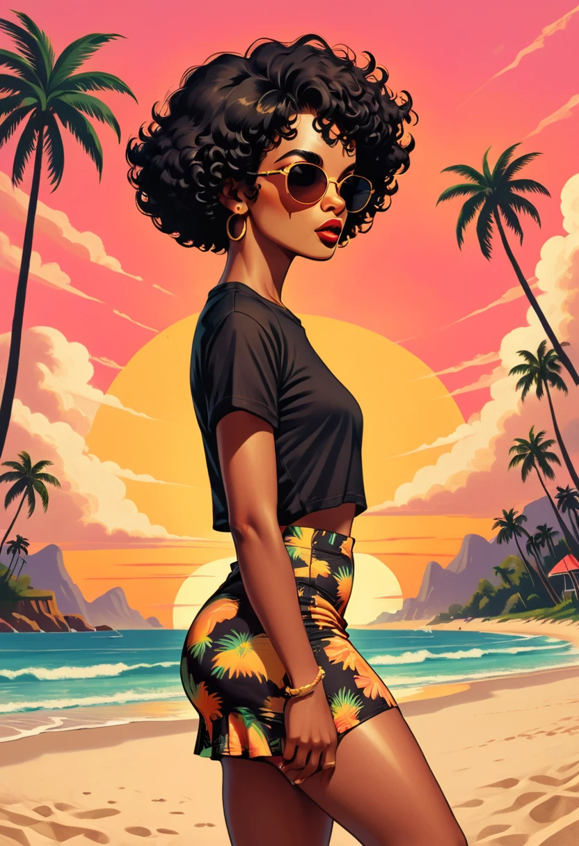 retro_t-shirt, black woman, female face in profile, cheese lifted, short curly black hair, black woman, sunglasses, basic black shirt, micro skirt branca,(micro skirt), thick thighs, Random pose, tropical, with a sunset in the background, Beach and palm trees, flat feet, retro colors,