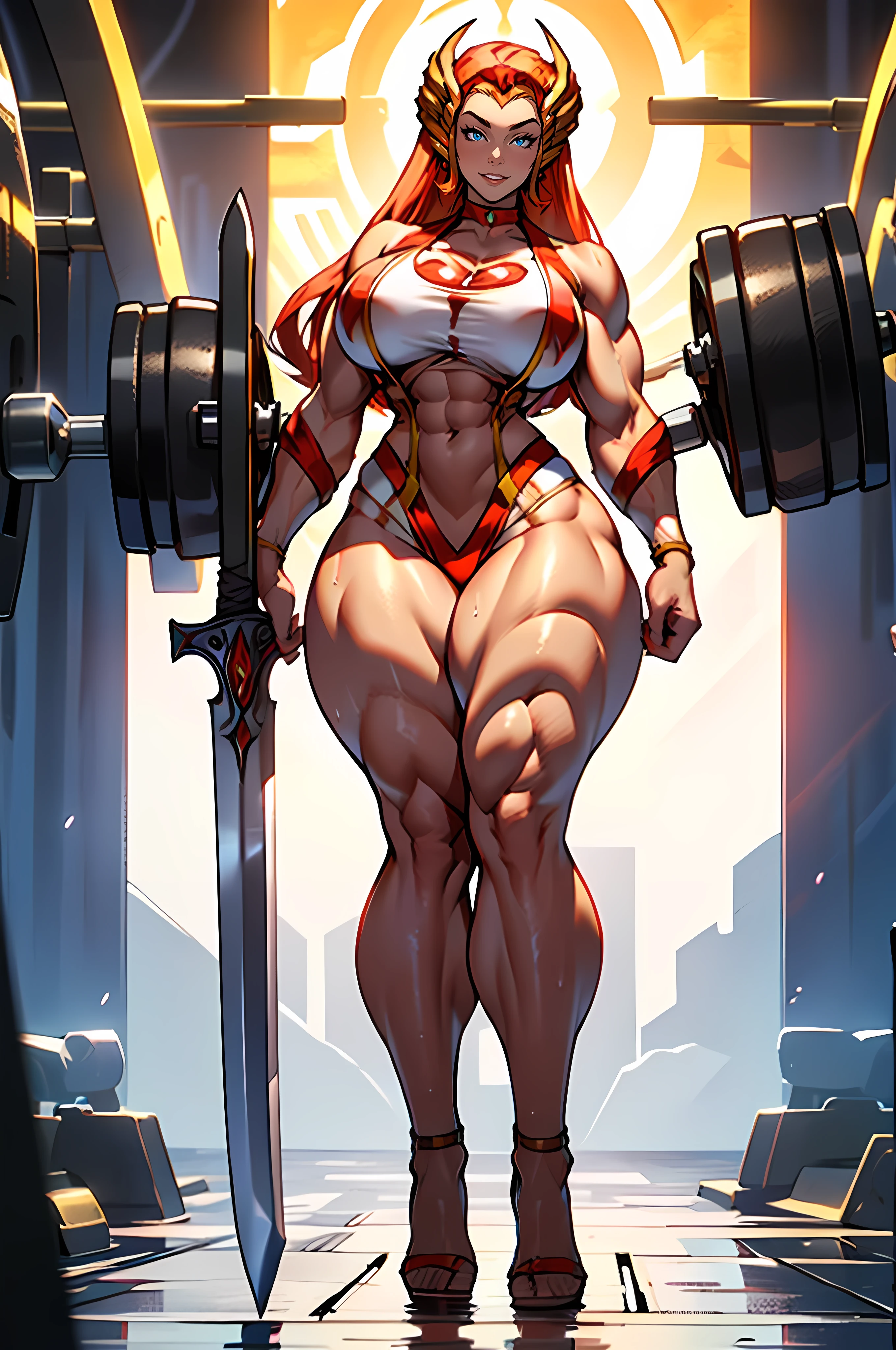 bandana, tomboy, curvy, huge breasts, muscular female, thicc, thick arms, thick thighs, living hair, short hair, dark-skinned female, bloomers, leotard, holding hammer, open mouth, blush,teeth,,green eyes, thick eyebrows, black hair, hair bobbles, wince, longeyelashes, solid circle eyes, , light smile, ear blush, fang, Surrealism, drop shadow, anaglyph, stereogram, tachi-e, pov, atmospheric perspective, 8k, super detail, ccurate, best quality,, red bloomers, red bloomers, pantyhose, full body, standing,UHD, retina, masterpiece, ccurate, anatomically correct, textured skin, super detail, high details, high quality, award winning, best quality, standing, refsheet, gauntlets, holding hammers,black bodysuit