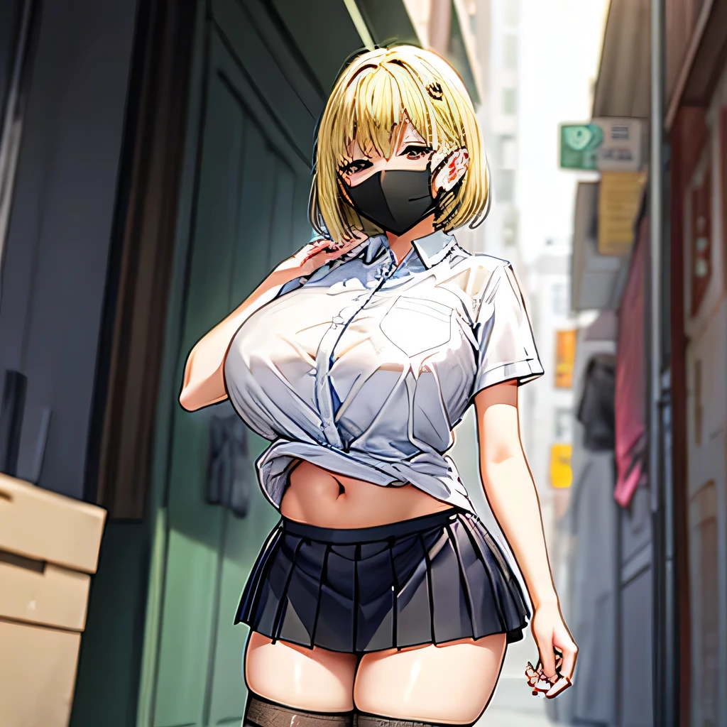 standing . wearing short skirt . white short sleeve shirt . female student . A prostitute big breast . fishnet stockings . prostitute . open belly . slim waist. like to be fucked. horny . standing in the alley . belly exposed . kneeling . wear mask 