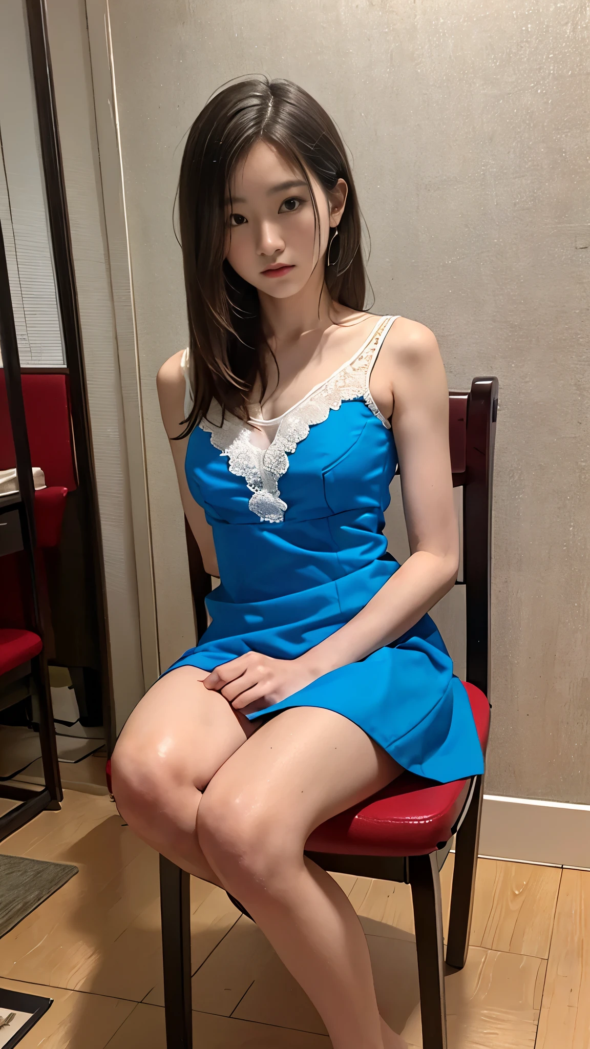 (((Highest quality,Very detailed,masterpiece,Very detailed))) ,(((Bend your knees))),loose breast,See-through,camisole,one piece,barefoot,One Girl,Realistic,Lying down,Bedroom、Looks sleepy