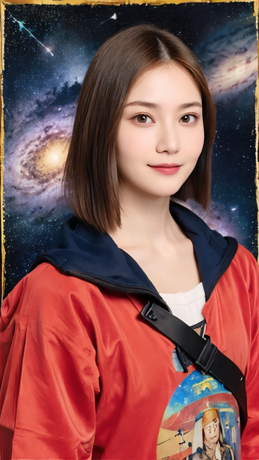 294 (20-year-old woman,Short Hair,20-year-old male), (A kind smile), ((Spaceship,captain)), (colorful), (Leonardo da Vinci paintings), flower, Space Suit, Pirate Ship, nebula, Milky Way