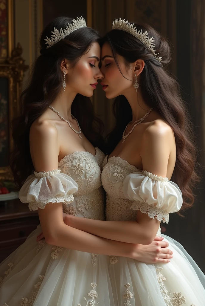 (masterpiece, highest quality, official art, beauty and aesthetic), two stunning bride is deeply in love with each other, kiss, romantic atmosphere