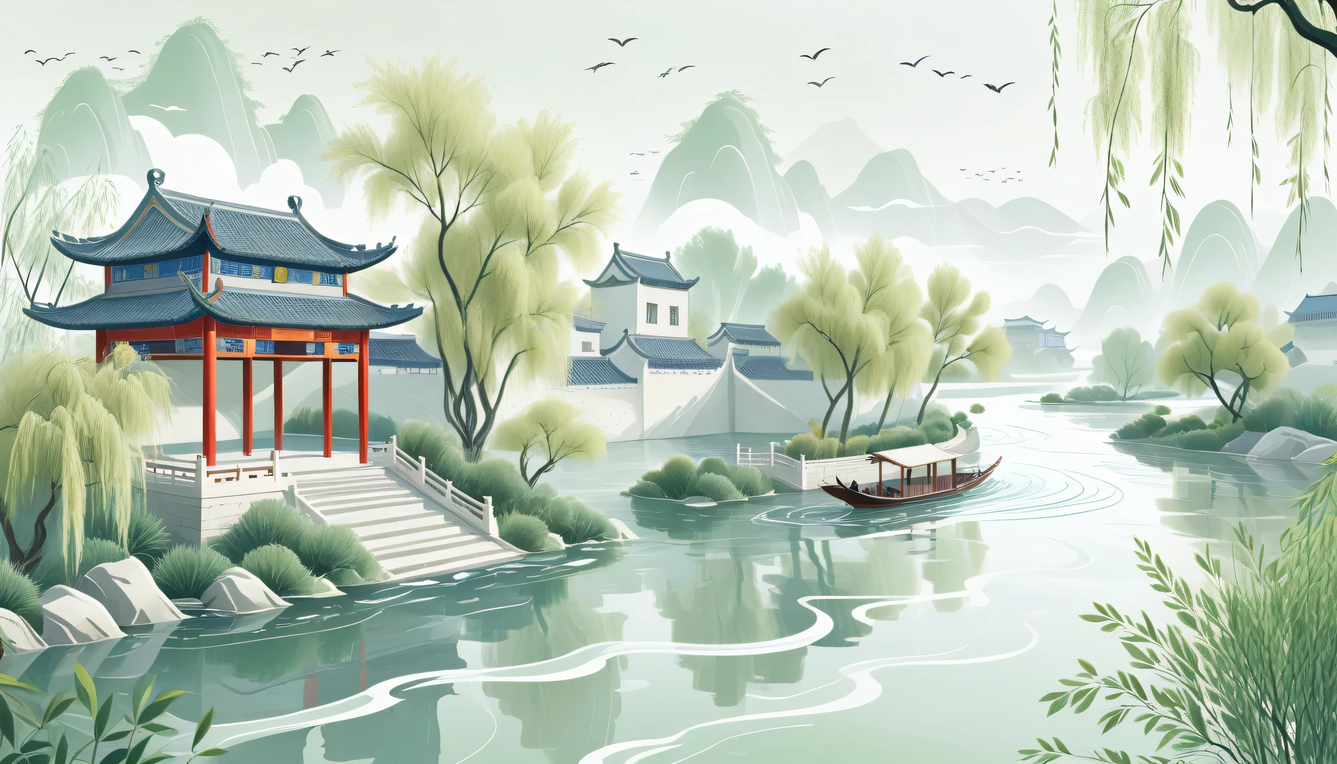 Mainly line illustrations，Simple and Flat，Chinese streets，River Water，Willow