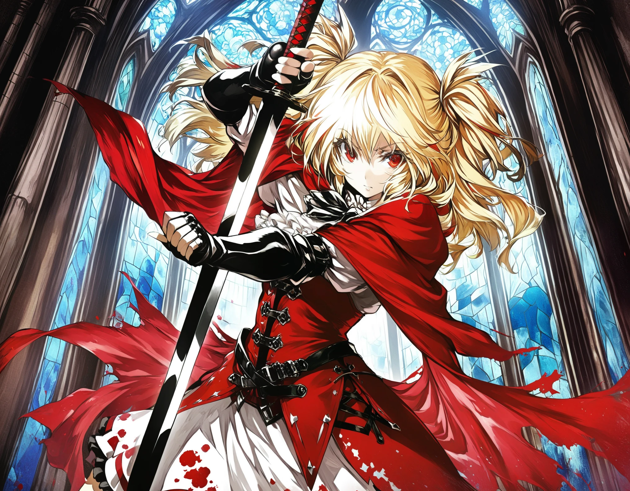 1girl, solo, cowboy shot, white shirts, red long cape cloak, red corset, frills red skirt, black fingerless gloves, knee boots, blonde, two side up, red eye, (holding a sword), 
Anime Girls, dutch angle, acrobatic pose, Gloomy painting style, church, stained glass
Score_9,Score_8,score_7_up,source_anime, rating_questionable,