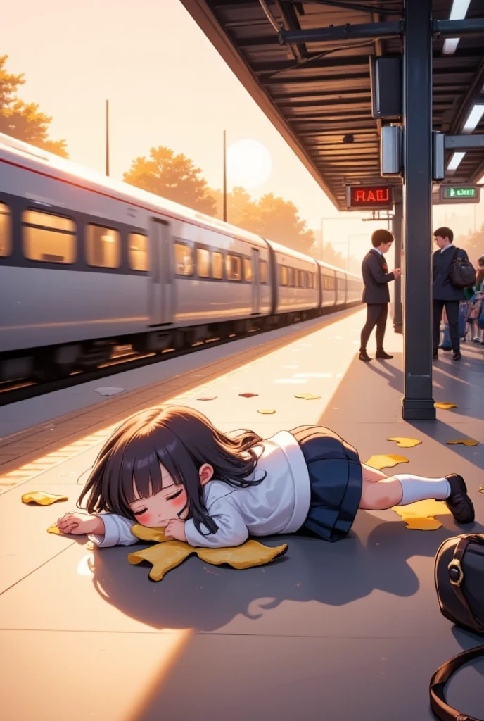 Chibi, One Girl, I slipped on a banana and fell、Face down、 I can&#39;t see your expression、whole body, School uniform, Prone, Expressionless, Do you look dead?? ,,break, Station platform, Girl who missed the train, School Bags,Her feet Banana peel,(Passing train), sunset,