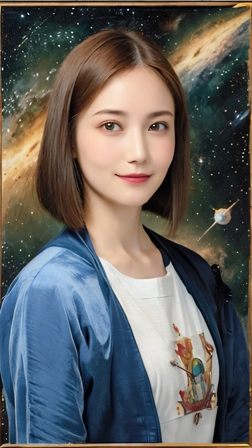 294 (20-year-old woman,Short Hair,20-year-old male), (A kind smile), ((Spaceship,captain)), (colorful), (Leonardo da Vinci paintings), flower, Space Suit, Pirate Ship, nebula, Milky Way