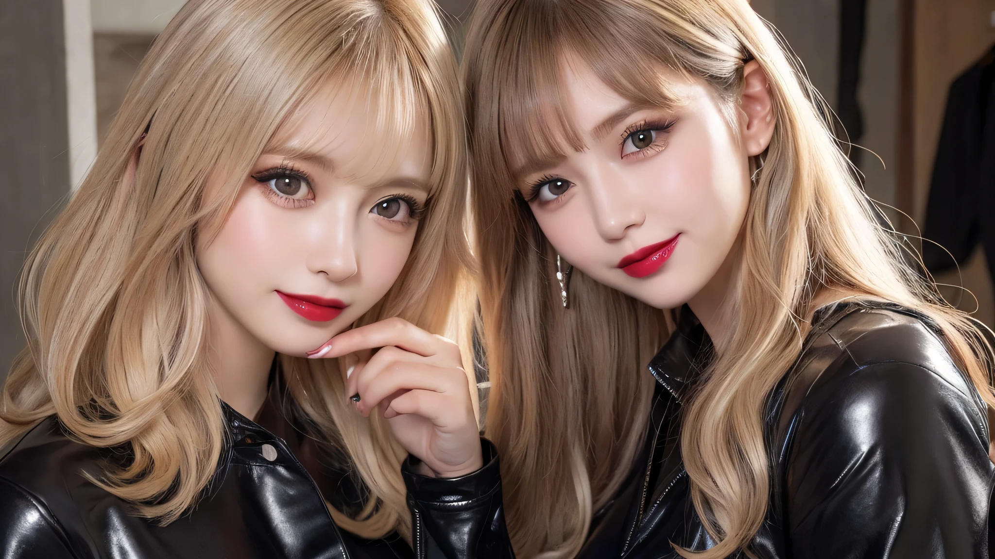 (2girls:1.2)，High resolution、Blonde、Light Hair Color、Beautiful eyelashes、20 years old、Best Quality、Very detailed、Delicate details、8K wallpaper、Beautiful eyes in every detail、Natural lip color、Long Hair、Straight Hair，Wavy Hair、Cute face、Accentuate your breasts，Large Breasts，Big Eyes，Staring at the audience,Breast compression,black leather costume,corset，sexy，I can see the valley,close up,patent leather、Fitting Room、smile、(erect nipples:1.2)、Selfie