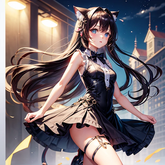 Anime Kawaii sexy Perfect Slim sensual body large breast and huge thighs, An intricate and highly detailed illustration of anime (Young girl)  Top view, flirtatious look, sweet smile, right hand arranging her hair, black hair, long, cat ears, silver eyes, defined body, SEX, athletic, casual clothes, sleeveless shirt, white, black skirt, dresser, sitting on the grass, Sunset, view of the town, Comfortable shoes, rattlesnake necklace , hair ornament, colorful, Hi-Def, ultra high quality, anime.
