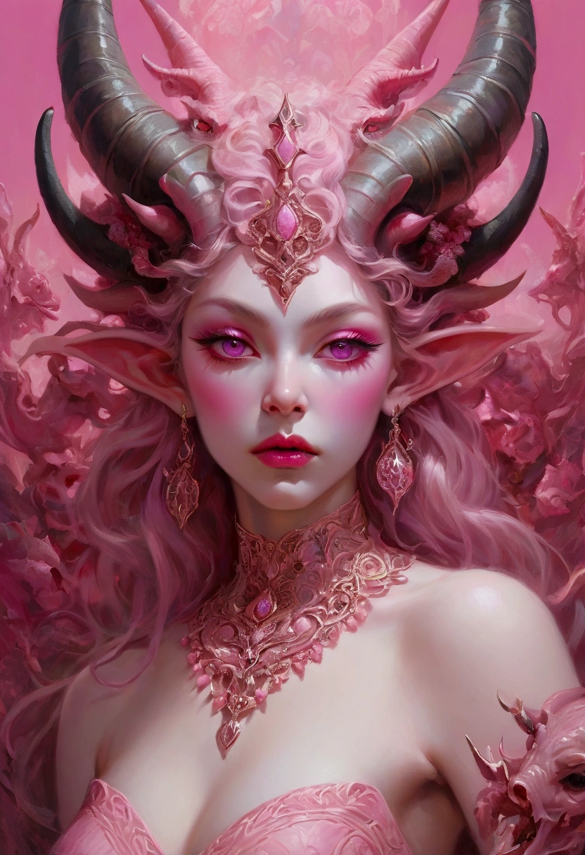 pink background, the trifecta of dreams, pink horned demon goddess, beautiful detailed eyes, beautiful detailed lips, extremely detailed face, 1girl, surreal, hyper detailed, oil painting, ethereal, dramatic lighting, vibrant colors, cinematic composition, intricate details, masterpiece