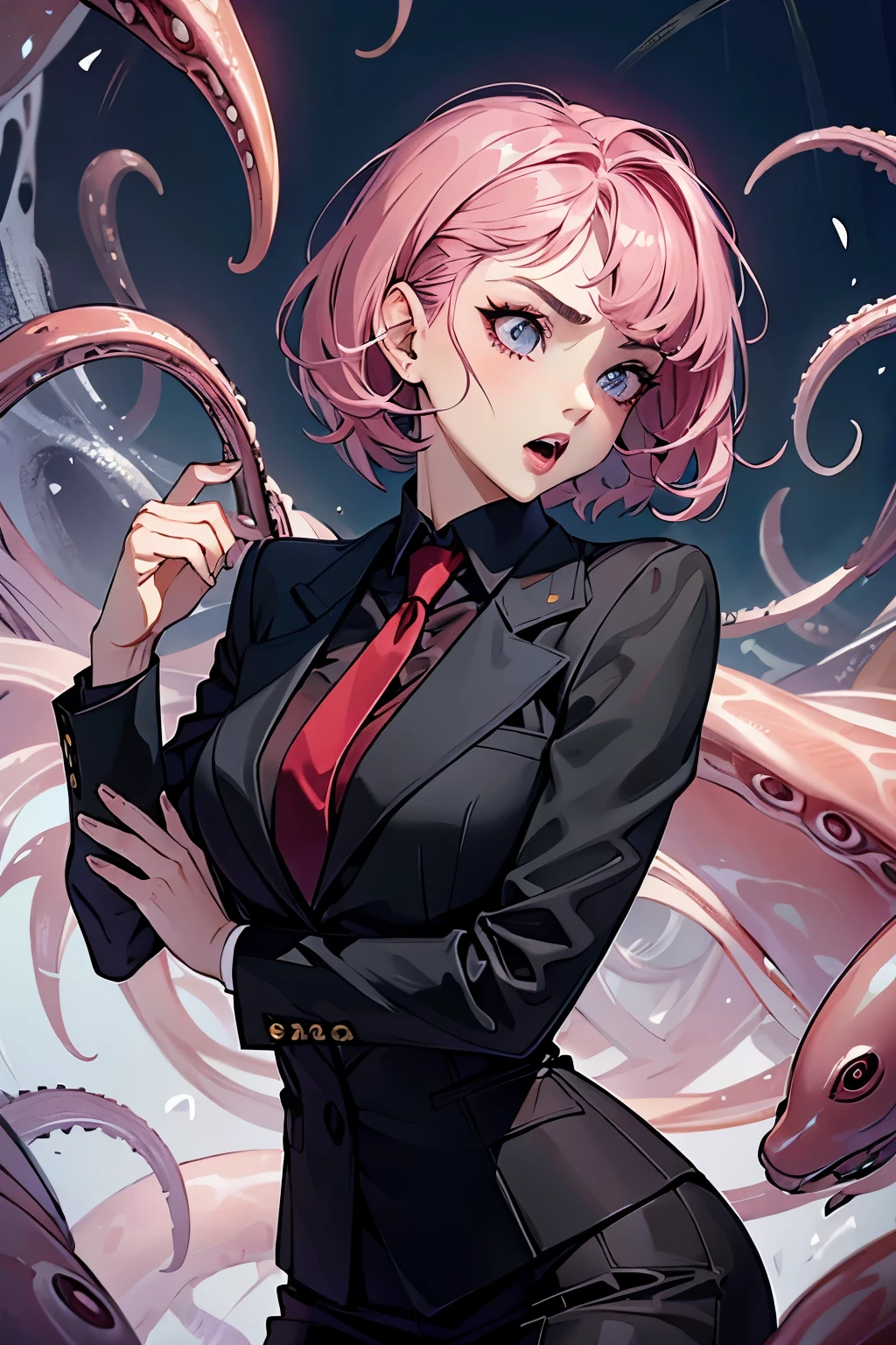 (highest quality:1.2), a 20-years-old girl runs between tentacles, trying to rescue another girl, decisive resolution, serious face, side view, a photorealistic cute girl, beautiful face, European face, make-up face, noble face,  large eyes, beautiful lip,open mouth, Short-cut pink hair, upper body portrait, wearing black business suits, wearing red tie, wearing black skirt.