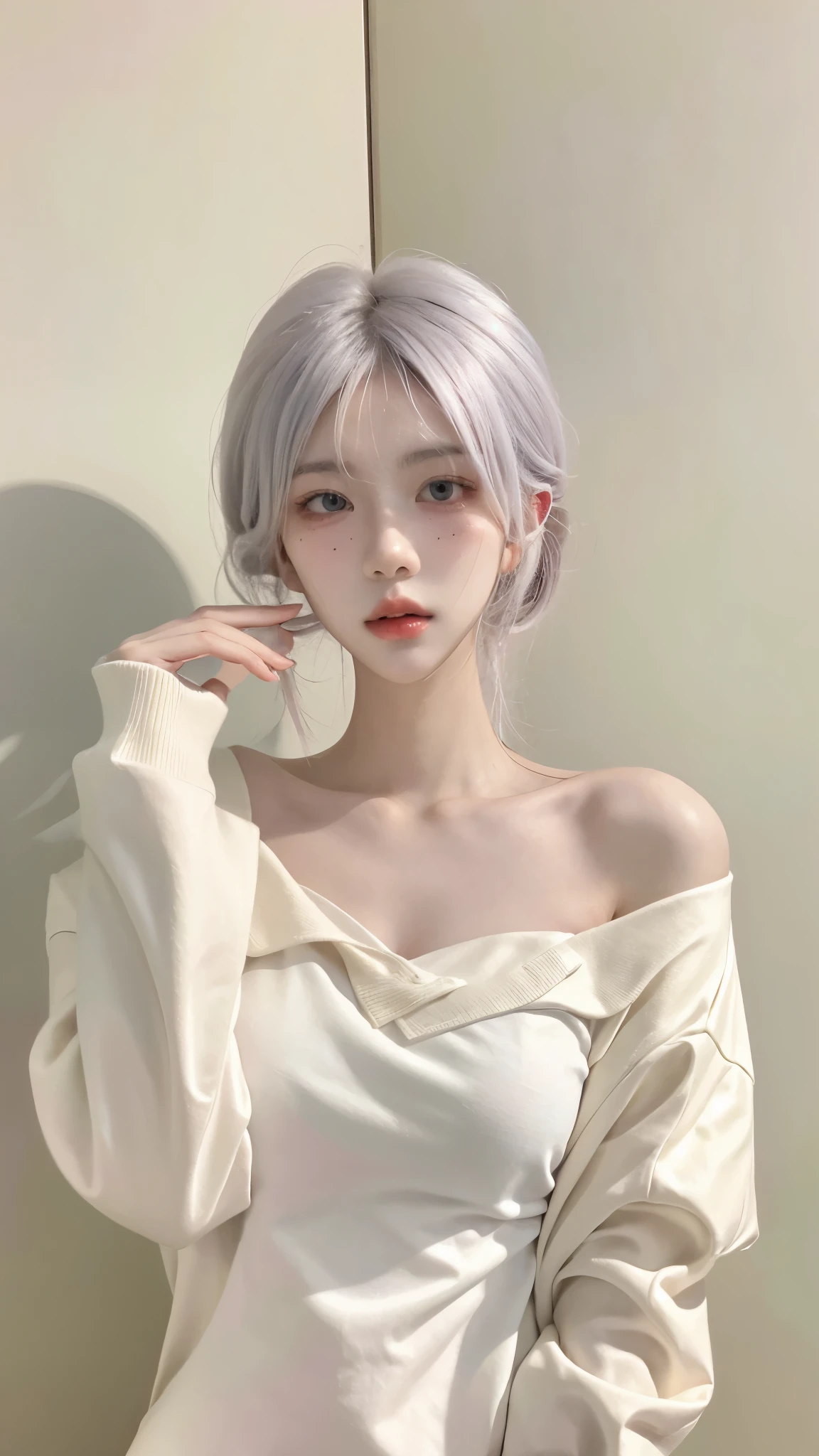 High quality，2k，Beautiful woman，（（Imagine：1.4）），Snow-white and clear skin，Cold and ruthless expression，White sweater，Have a perfect body：1.4，Layered Hairstyle，Visible cleavage，Big breasts：1.4，（（whole body：1.4）），Highly detailed face and skin textures，Skin Whitening，White long hair