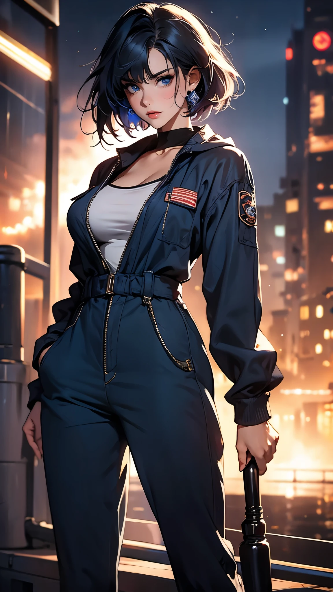 ((Masterpiece)), envision a 8k, highres, cinematic, extremely beautiful semi realistic full body pinup of a beautiful mature tomboy with a mature face, slender muscular body, ((big breasts)), strong face, ((short choppy black hair)), side locks, choppy bangs, round face, long sweeping bangs, (deep blue eyes), soft lips, lip gloss, thick eyebrows, (((ahoge))), Mechanic Coveralls, Jumpsuit, loose clothing ((((1girl)))), in dark lighting, against a dark gray background