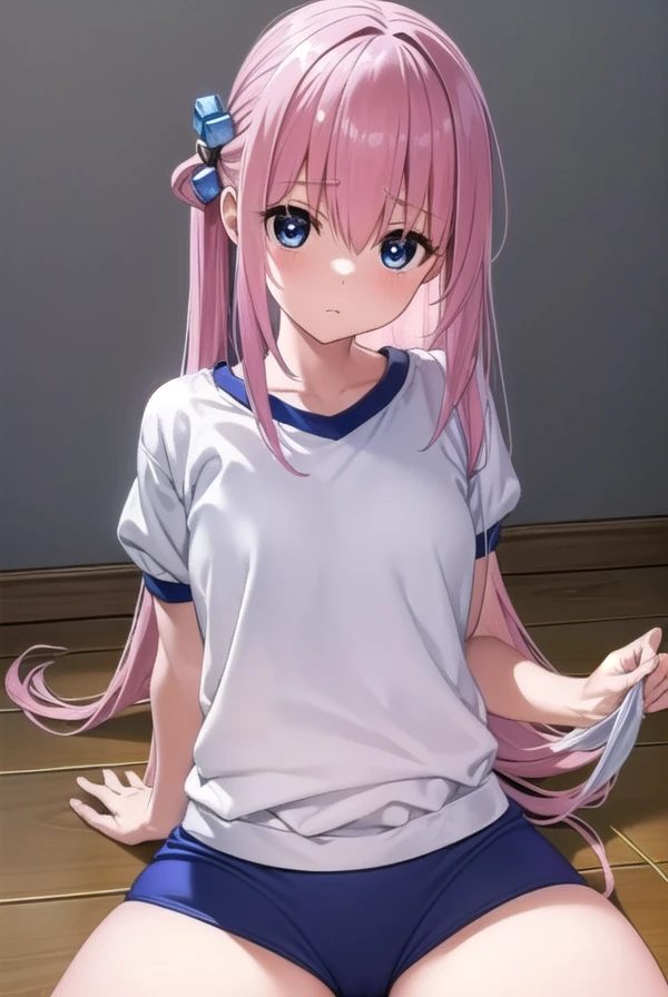 hitorigotou, Hitori Gotou, blue eyes, cube hair ornaments, Hair between the eyes, hair ornaments, Pink Hair, One side up, Long Hair,Nervously expression、(Navy blue cuffs and white short-sleeved gym uniform)、Navy Blue Bloomers:1.3、(
生feet)、Navy blue socks、Big smile、Ground、Schoolyard、Sitting,squat,_Open_feet,、
break indoors, classroom, (Cowboy Shot:1.5),break (masterpiece:1.2), highest quality, High resolution, unity 8k wallpaper, (figure:0.8), (Beautiful fine details:1.6), Highly detailed face, Perfect lighting, Highly detailed CG, (Perfect hands, Perfect Anatomy),