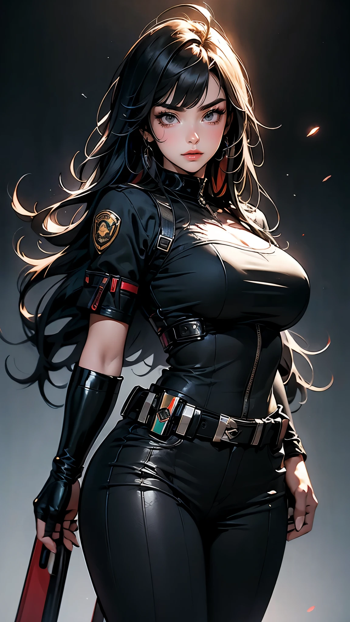 ((Masterpiece)), envision a 8k, highres, cinematic, extremely beautiful semi realistic full body pinup of a beautiful mature warrior woman with a mature face, slender curvy body, ((really large breasts)), strong face, ((long choppy white and black hair)), multicolored hair, side locks, choppy bangs, round face, long sweeping bangs, (white eyes), soft lips, lip gloss, thick eyebrows, round face, (((ahoge))), Police Uniform, Riot Vest, Police Gear, Utility Belt, ((((1girl)))), in dark lighting, against a dark gray background