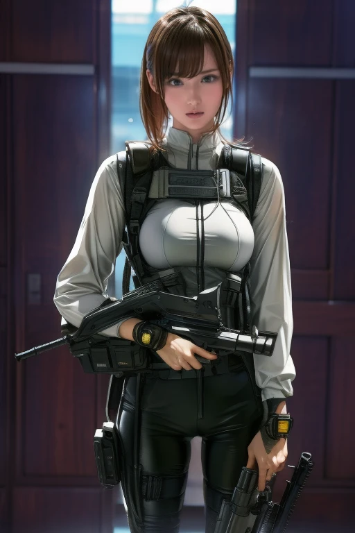 Best Quality、Amazing details、Ultra-high resolution、（realism：1.4）、（（close：0.75））、One woman is very condensed、Beautiful and delicate face、Perfect Proportions、Narrow your target audience、Large Breasts）、Brown Hair、（White Technology Suit）、（Cyborg Vs.. Police uniform、、、Black and grey mech、Military Harness、RPG-7 (English)、hitch technology flamethrower tank transport）、The background is a simple gray wall、