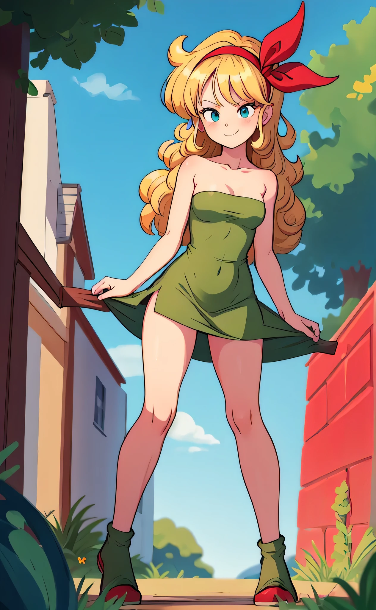 ((masterpiece, best quality)), insaneres, absurdres, solo, looking at viewer, BlondeHair_BadLaunch_ownwaifu, 1girl, long hair, blonde hair, curly hair, hair ribbon, blue eyes, medium breasts, red hairband, eyelashes, bangs, bare shoulders, collarbone, a strapless green dress, a green sequin short dress with asymmetrical hemline with pointed edges on the bottom, bare legs, outdoors, depth of field, vanishing point, arms at sides, (contrapposto), smile