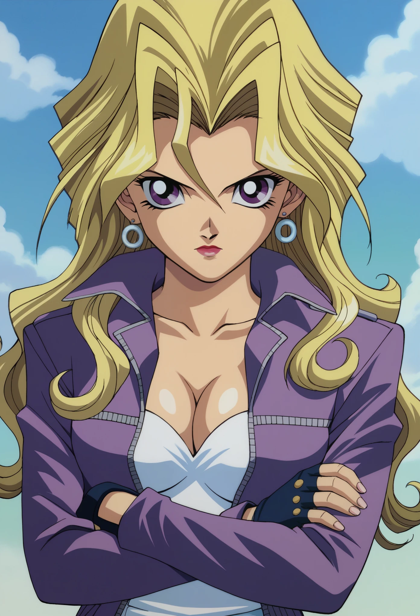 masterpiece,The best quality, highly detailed, score_9, score_8_above, score_7_above, score_6_above,source anime,BREAK may,  1 girl, Alone, blonde hair, jewelry, purple eyes, Gloves, Earrings, Crossed arms, fingerless Gloves, cleavage, breasts, Long hair, lipstick, jacket, 1990s (style), makeabove