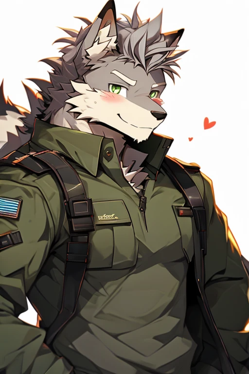 A Right Side Picture of A Very Muscular Furry style Gray Wolf. he is wearing A Full Dark Green military suit. he is standing in the background. blushes on his face, white background, Simple background, little spikey hair, little messy hair, gray hair, little Open Mouth, Ear Blush, Happy, Hands are in pocket, looking at the viewer, long and fluffy gray tail