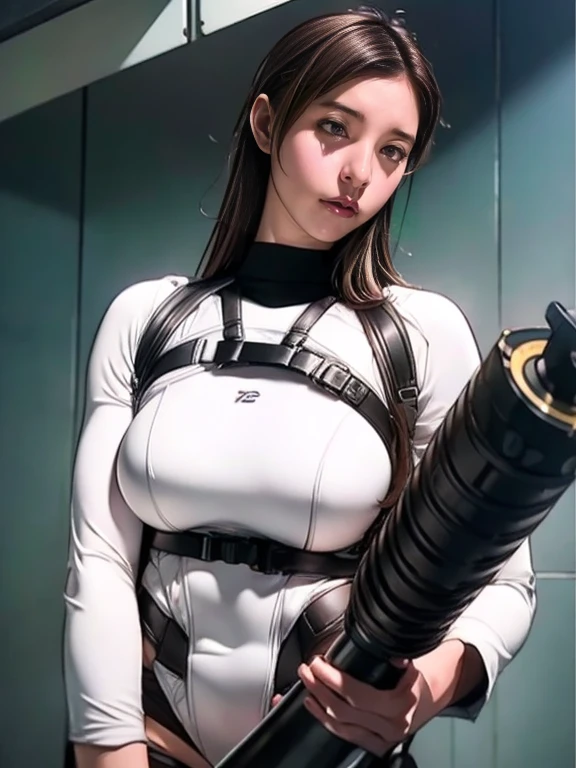 Highest quality、Amazing details、Ultra-high resolution、（realism：1.4）、（（close：0.75））、One woman is very condensed、Beautiful and delicate face、Perfect Proportions、Narrow your target audience、Large Breasts）、Brown Hair、（White Tech Suit）、（Cyborg vs. police uniform、、、Black and grey mech、Military Harness、RPG-7、Hitch Tech Flamethrower Tank Transport）、The background is a simple grey wall、