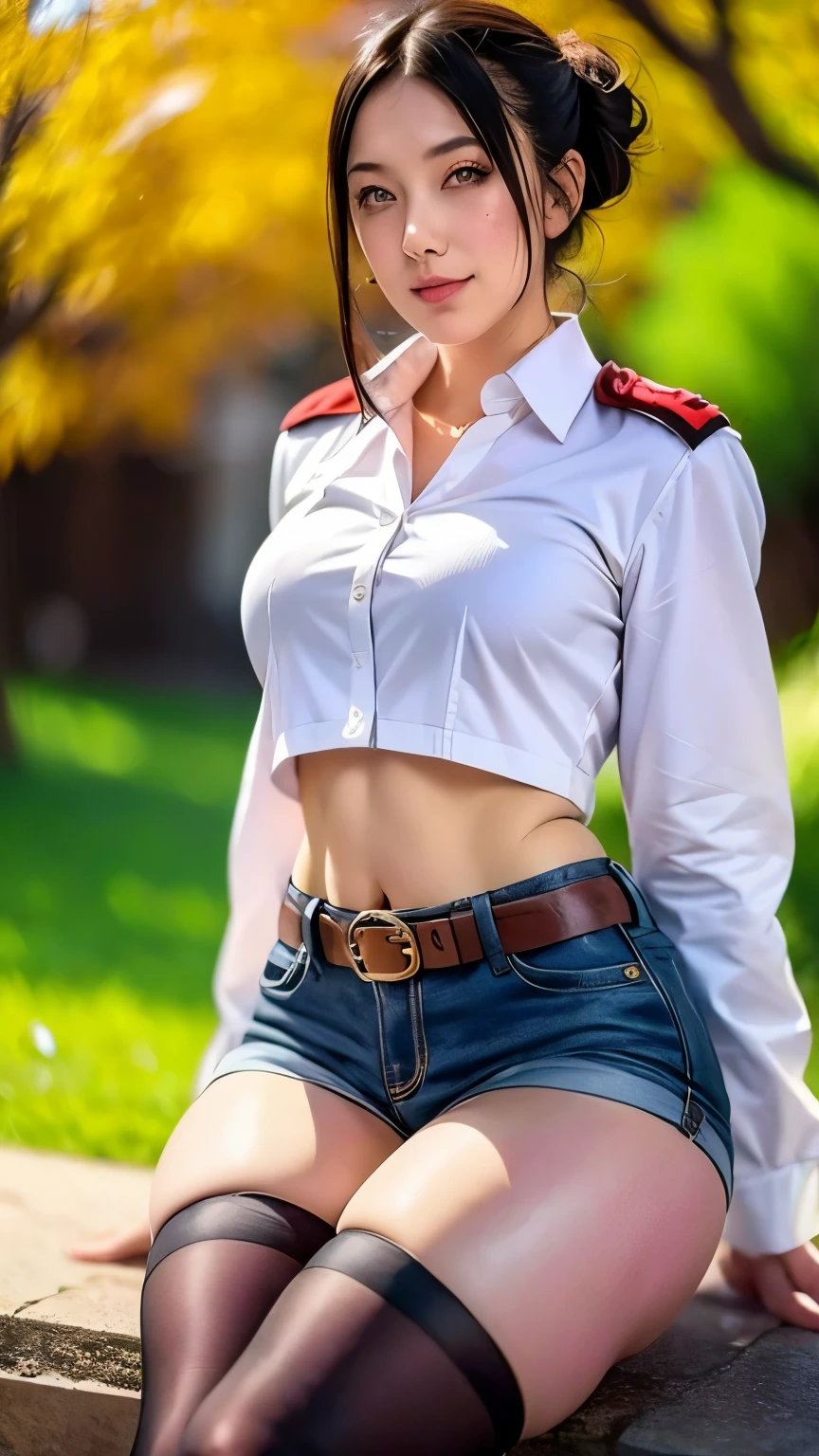 i want the whole image to be created in 3D anime style, 1girl, solo, breasts, looking at viewer, blush, short hair, blue eyes, blonde hair, shirt, thighhighs, long sleeves, navel, medium breasts, sitting, closed mouth, jacket, white shirt, thighs, boots, outdoors, open clothes, sky, shorts, day, midriff, collared shirt, belt, cloud, hair bun, blurry, arm up, open jacket, blue sky, lips, thigh strap, blurry background, suspenders, arm behind head, brown jacket, patreon username, paradis military uniform, annie leonhardt