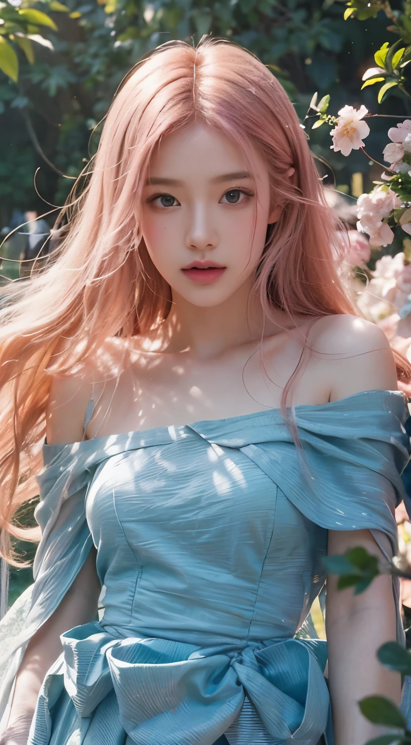 Rosé from blackpink, girl,hair blowing in the wind,flowing dress,beautiful detailed eyes, dreamy expression,soft sunlight,artistic portrait,photorealistic,bokeh,vivid colors,creative lighting,romantic atmosphere,floral elements,ethereal beauty,waist-length hair,peaceful and serene,enchanted garden,delicate features,pure and innocent,lush greenery,fantasy world,magical ambiance,impressionist painting style