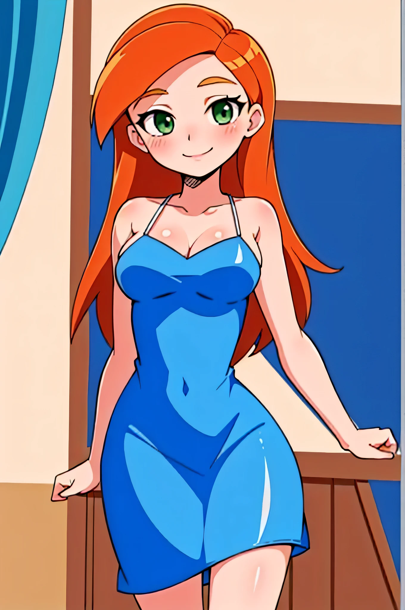 Solo girl, green eyes, very long orange hair, pink bow on her head, evil smug grin, lovesick, super lovesick, cleavage, (100% lovesick), 
Blushing, naked, small breasts, thick body, full body, wet pussy, lot of pussy juice, Standing,  in the living room, (100% satisfying), Masterpiece, High Quality 
