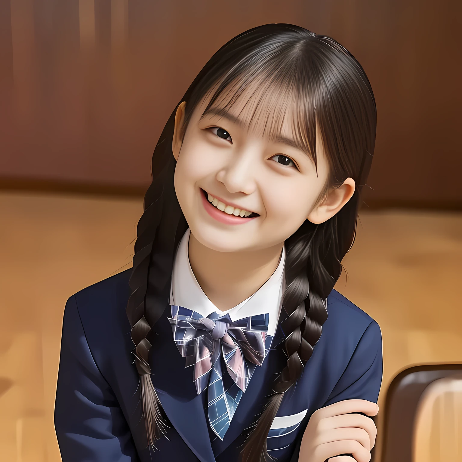 (Highest quality, masterpiece:1.2), Highest quality, High resolution, 1080P, 8k, height: 158cm, (Noble, Japanese 13yo fashion model is seated on a pink flat floor and smiling directly at me in school uniform, sleepy, looking up at me with love to me with her kawaii supreme: 1.8), looking me, (well arranged, balanced, neat tight twin braids under her ear, not more than two braids), (Half-closed, Looking up to me, Very sleepy, Double-eyelids, completely balanced, brown large large dreaming sleepy eyes with detailed beautifully: 1.6), (Glossy lips: 1.8), (Drives me crazy for her navy-colored neat tartan checkered blue skirts and make me fall into her navy-colored tartan checkered skirt: 1.2), (Fine white face that looks like she has never been out of home: 1.6), (Navy colored school uniform blazer: 1.6), (Navy blue pleated school uniform tartan checkered skirt: 1.5), (Plain-red school ribbon on the breast), (Complete plain pink background: 1.8), (Girl whom everyone loves because of her beauty and neat school fashion and noble manner and magic-charm of succubus: 1.7), full body shot, (jolly face expression), (evenly cut curled bangs), (KANKO school uniform)