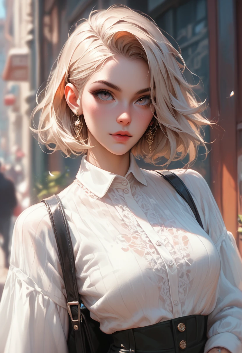 ((Best Quality, 8K, Masterpiece: 1.3)), Sharp: 1.2, Perfect Body Beauty: 1.4, Slim Abs: 1.2, ((Layered Hairstyle, Big Breasts: 1.2)), (Wet White Button Long Shirt: 1.1), (Rain, Street: 1.2), Wet: 1.5, Highly detailed face and skin texture, detailed eyes, double eyelids, side face looking at the camera