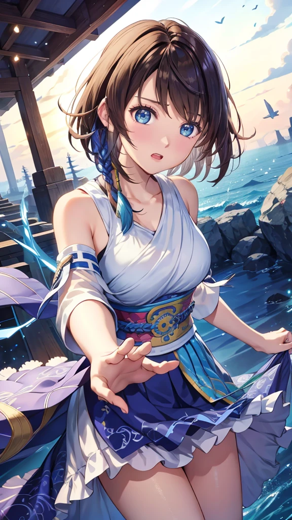 (1 girl),(high quality), (High resolution), (extremely detailed), (8K),(lower body shot),(CG illustration)YunaFFX、heterochromiashort hair,YunaFFX、heterochromia、short hair、YunaOutfit、hair ornaments、Removal sleeve、hakama、band、hakamaスカート、long skirt,(Beautifully erect nipple shape),High resolutionの美しい目,(neutral white lighting:1.2),dancing