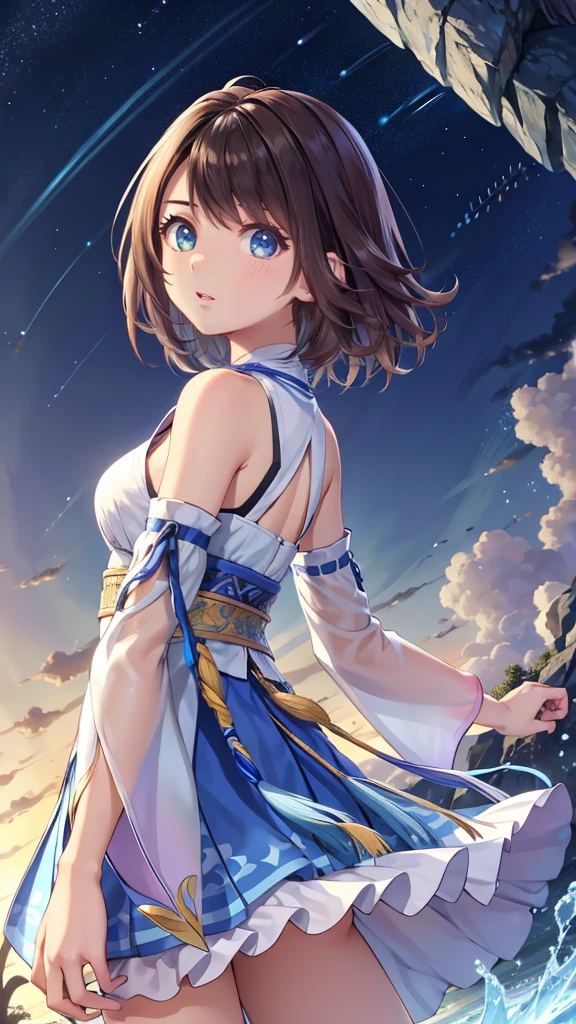 (1 girl),(high quality), (High resolution), (Very detailed), (8k),(Focus on the lower body),Transparent costume,(CG illustration)Yuna FFX、Heterochromia iridisshort hair,Yuna FFX、Heterochromia iridis、short hair、Yuna Costume、hair ornaments、detached sleeves、In the same way、band、In the same wayスカート、Long skirt,(Beautiful erect nipple shape),High resolutionの美しい目,(Neutral White Lighting:1.2),Dancing,