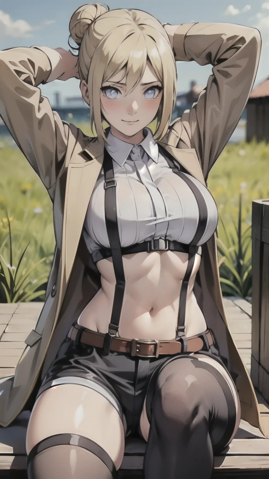 i want the whole image to be created in 3D anime style, 1girl, solo, breasts, looking at viewer, blush, short hair, blue eyes, blonde hair, shirt, thighhighs, long sleeves, navel, medium breasts, sitting, closed mouth, jacket, white shirt, thighs, boots, outdoors, open clothes, sky, shorts, day, midriff, collared shirt, belt, cloud, hair bun, blurry, arm up, open jacket, blue sky, lips, thigh strap, blurry background, suspenders, arm behind head, brown jacket, patreon username, paradis military uniform, annie leonhardt
