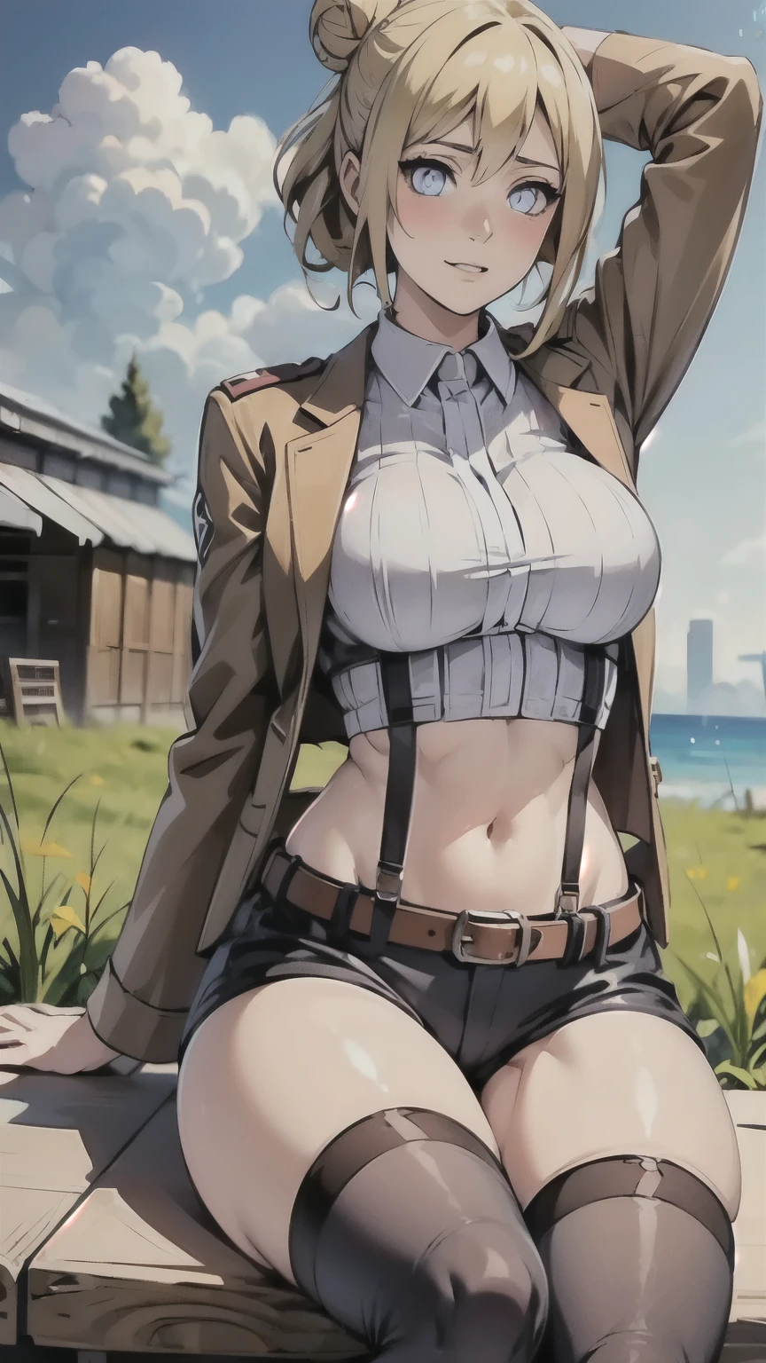 i want the whole image to be created in 3D anime style, 1girl, solo, breasts, looking at viewer, blush, short hair, blue eyes, blonde hair, shirt, thighhighs, long sleeves, navel, medium breasts, sitting, closed mouth, jacket, white shirt, thighs, boots, outdoors, open clothes, sky, shorts, day, midriff, collared shirt, belt, cloud, hair bun, blurry, arm up, open jacket, blue sky, lips, thigh strap, blurry background, suspenders, arm behind head, brown jacket, patreon username, paradis military uniform, annie leonhardt
