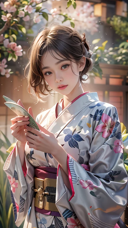 Best Quality, Realistic, photoRealistic, Award-winning photo, (Japanese Garden: 1.2), (Subtle details), (Intricate details), (Cinematic Light, Super sexy short hair woman, Kyoto tea garden、Big, firm and bouncy breasts, Dynamic sexy pose,  Young kimono woman,Age 25， close),