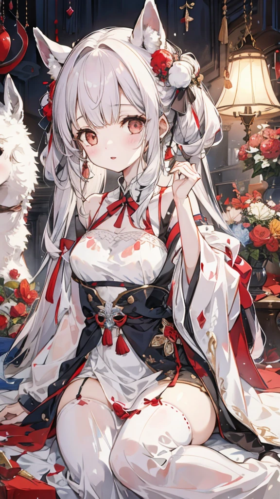 masterpiece,1girl,solo,white hair, sarashi,bandage,sarashi,cleavage,bare shoulders, kimono,(kneeling:1.2),blush,open mouth,cherry blossoms, grass,