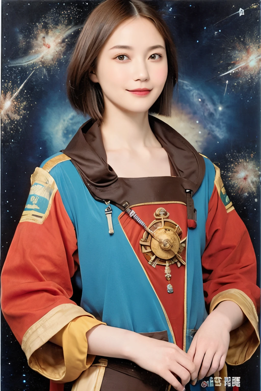 294 (20-year-old woman,short hair,20-year-old male), (A kind smile), ((Spaceship,captain)), (colorful), (Leonardo da Vinci paintings), flower, Space Suit, Pirate Ship, nebula, milky way