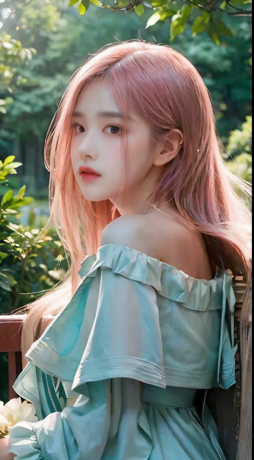 Rosé from blackpink, girl,hair blowing in the wind,flowing dress,beautiful detailed eyes, dreamy expression,soft sunlight,artistic portrait,photorealistic,bokeh,vivid colors,creative lighting,romantic atmosphere,floral elements,ethereal beauty,waist-length hair,peaceful and serene,enchanted garden,delicate features,pure and innocent,lush greenery,fantasy world,magical ambiance,impressionist painting style