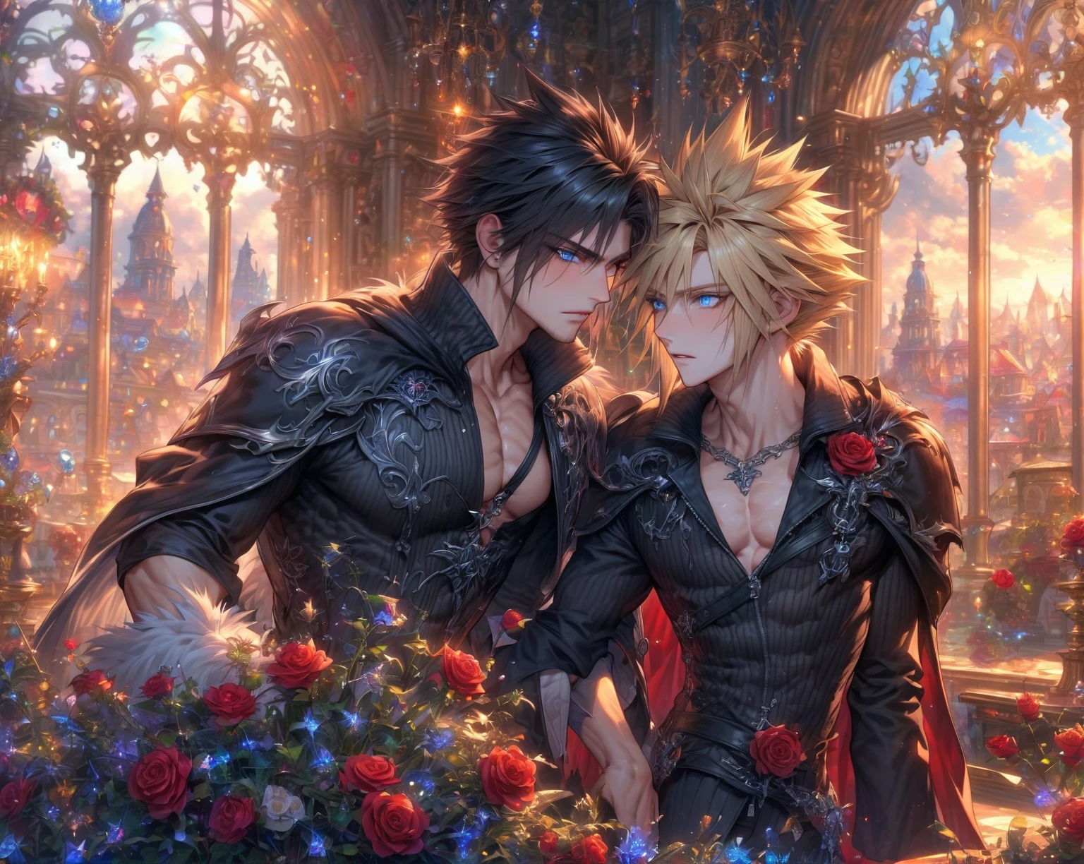 absurdres, highres, ultra detailed, HDR, master piece, best quality, extremely detailed, detailed eyes, detailed face, Cloud Strife, blonde hair, expressive blue eyes, Final Fantasy Vll Advent Children, Kaerius, black hair, messy hair, expressive blue eyes, two sexy men together, handsome, adult face, manly, male, black clothes, red coat with fur, cape, magical, fantasy, room, luxurious, red curtain, red roses, window, chandelier, pillar