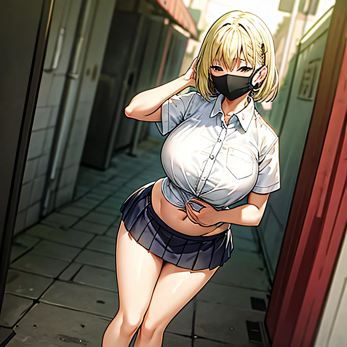 standing . wearing short skirt . white short sleeve shirt . female student . A prostitute big breast . fishnet stockings . prostitute . open belly . slim waist. like to be fucked. horny . standing in the alley . belly exposed . kneeling . wear mask . 1 girl . 