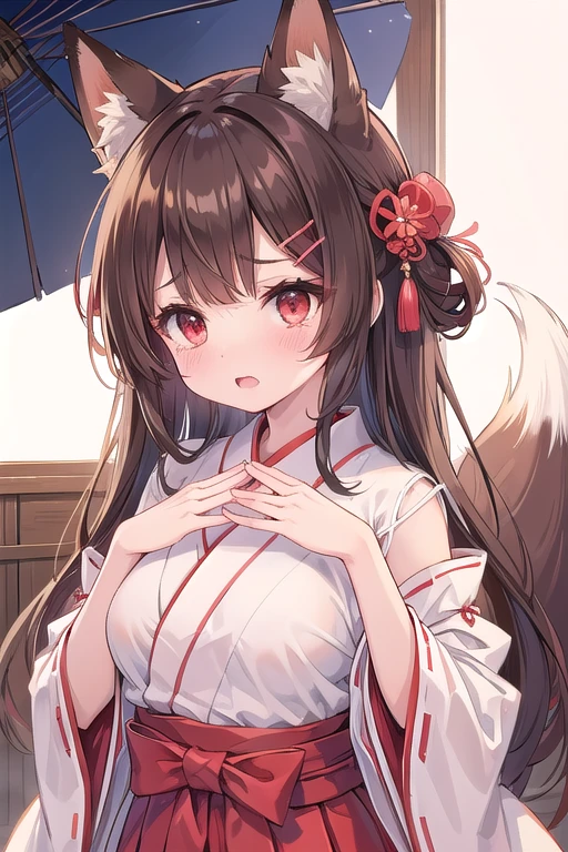 ((nsfw)),Beautiful illustrations、(fox girl:1.1),fox ears, fox tail,red hakama,hakama skirt, japanese clothes, Kimono,wide sleeves,white Kimono, hair ornament, hairclip, (masterpiece、Best Quality、8k ), (Beautiful details), Highly detailed face, Perfect lighting, Extremely detailed CG, (Perfect hands, Perfect Anatomy), かわいいgirl,girl, Cute face, tears((Serious)), amount, Brown Hair, ((Short side-parted bangs)), Red eyes, Angled eyebrows, thin,  whole body、