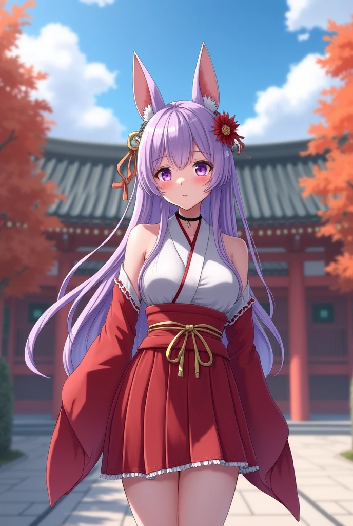 masterpiece, best quality, highres,
illustration,
1girl,
purple hair, purple eyes, kemomimi, medium breasts, bare thigh,
hair ornament, (red|white miko clothing), detached sleeves,
blush,
standing,
lantern, shrine,
detailed face,